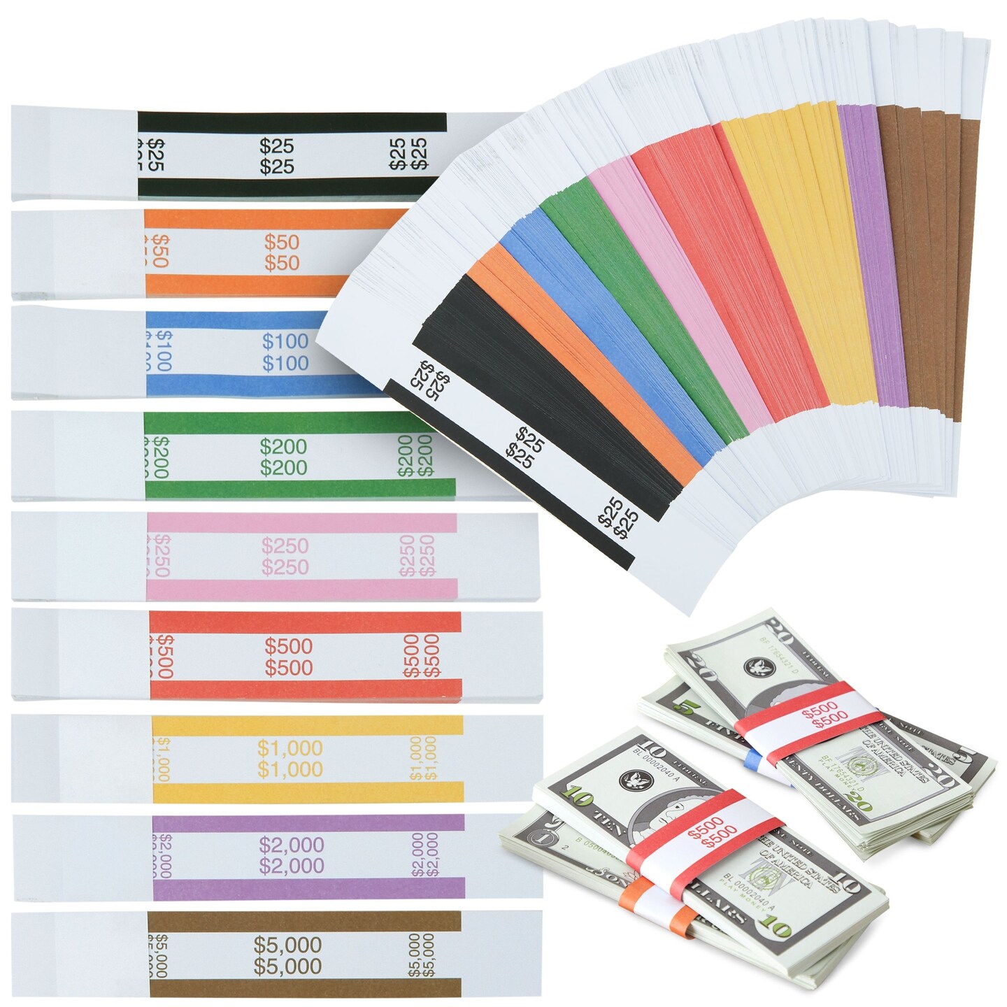 300-Pack of Money Bands for Cash, Assorted Self-Adhesive Currency Straps for Bill Wrappers, Organizing, Sorting Cash, 9 ABA Standard Colors (7.75 x 1.25 Inches)