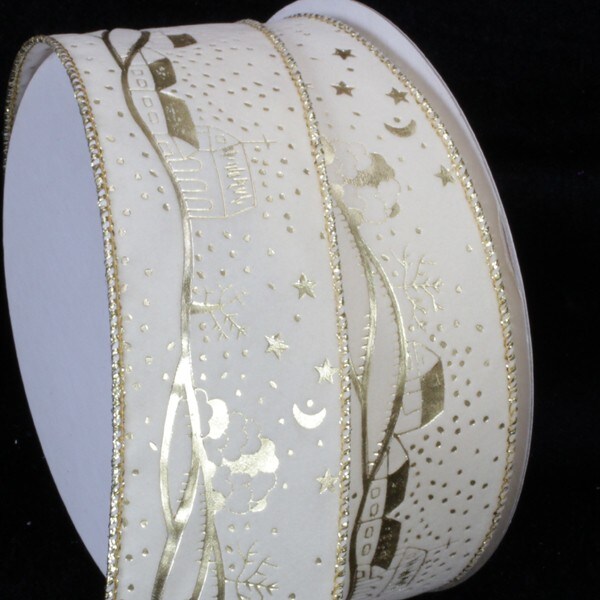 The Ribbon People Ivory and Gold Winter's Night Wire Edged Craft Ribbon 2" x 20 Yards