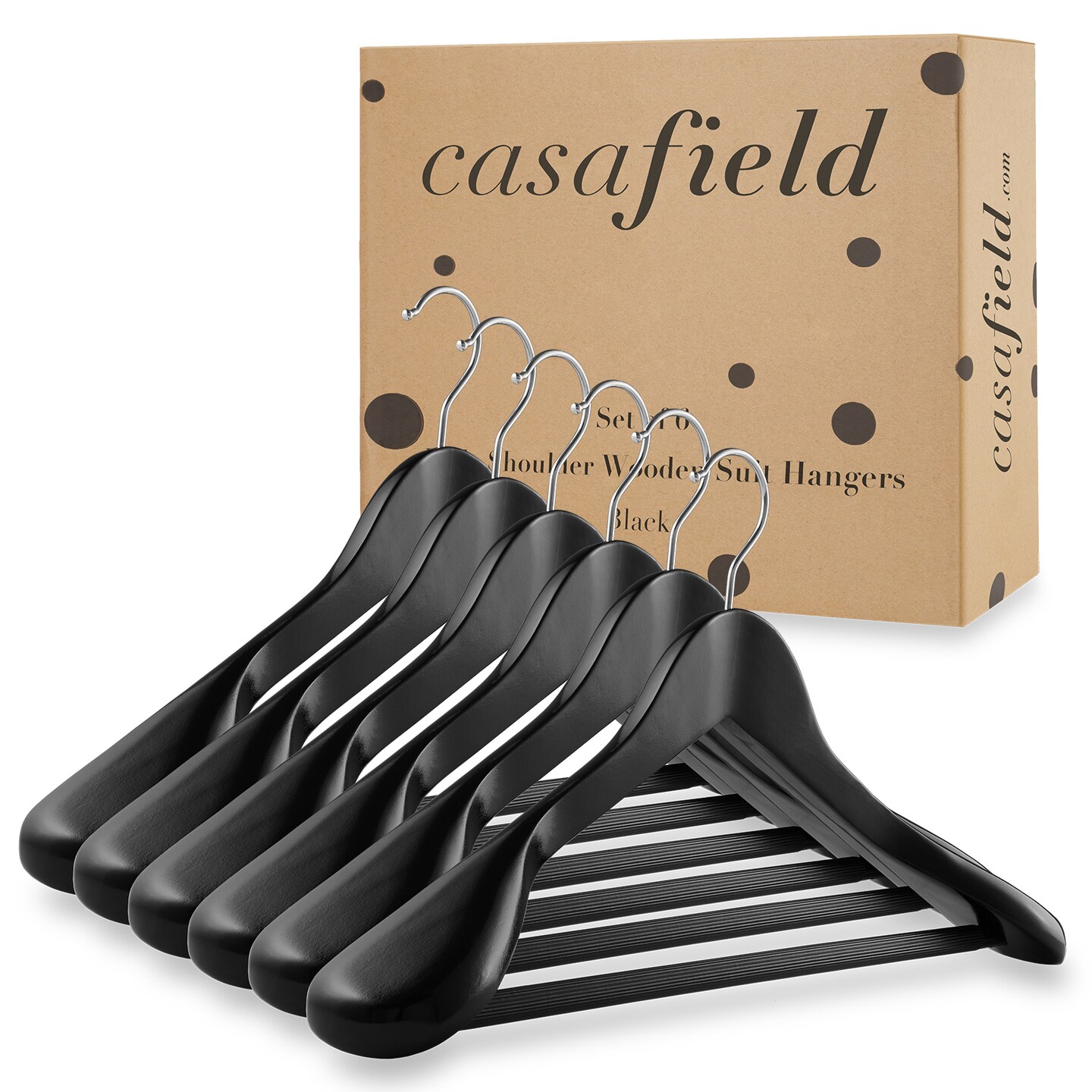 Casafield - 6 Wide Shoulder Wooden Suit Hangers - Premium Lotus Wood, Non-Slip Pant Bar & Chrome Swivel Hook for Dress Clothes, Coats, Jackets, Pants, Shirts, Skirts