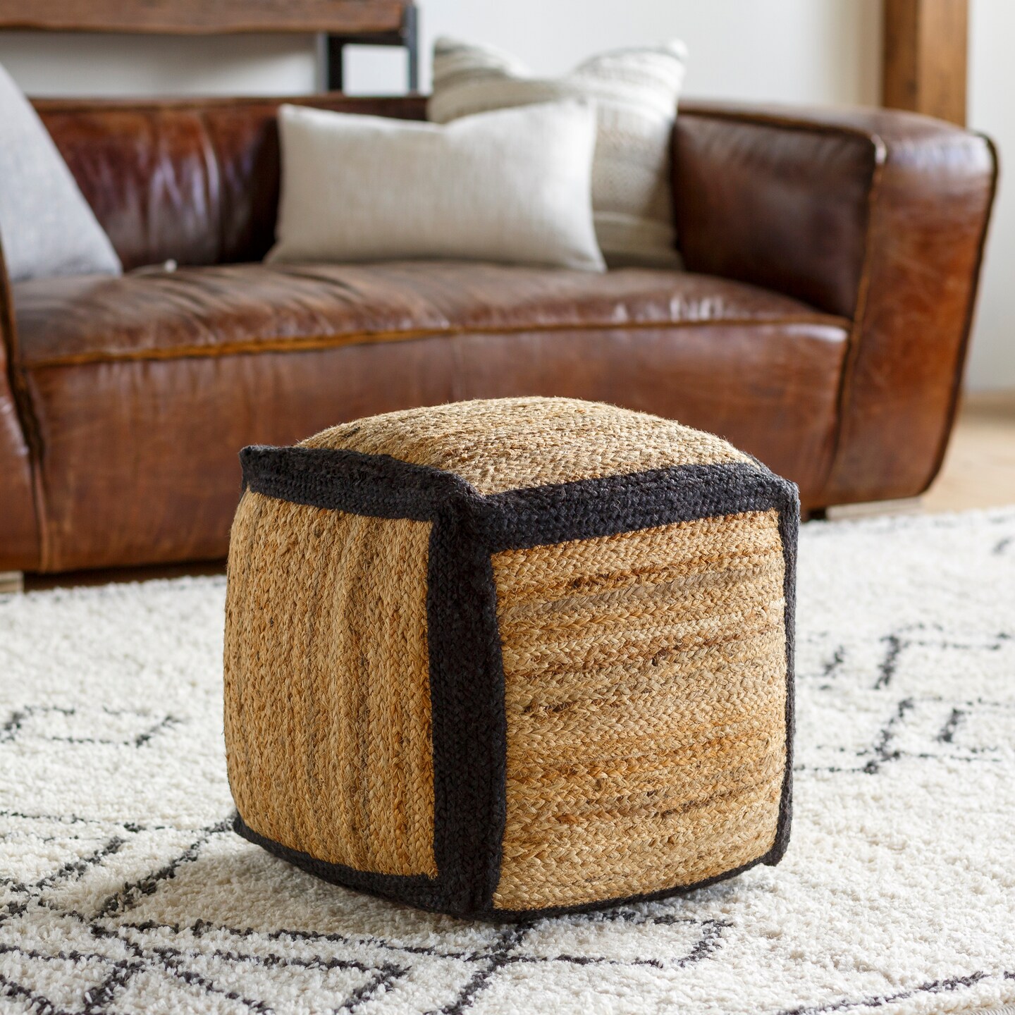 Tiwari Home 18&#x22; Black and Brown Cubic Shaped Pouf Ottoman with Removable Cover