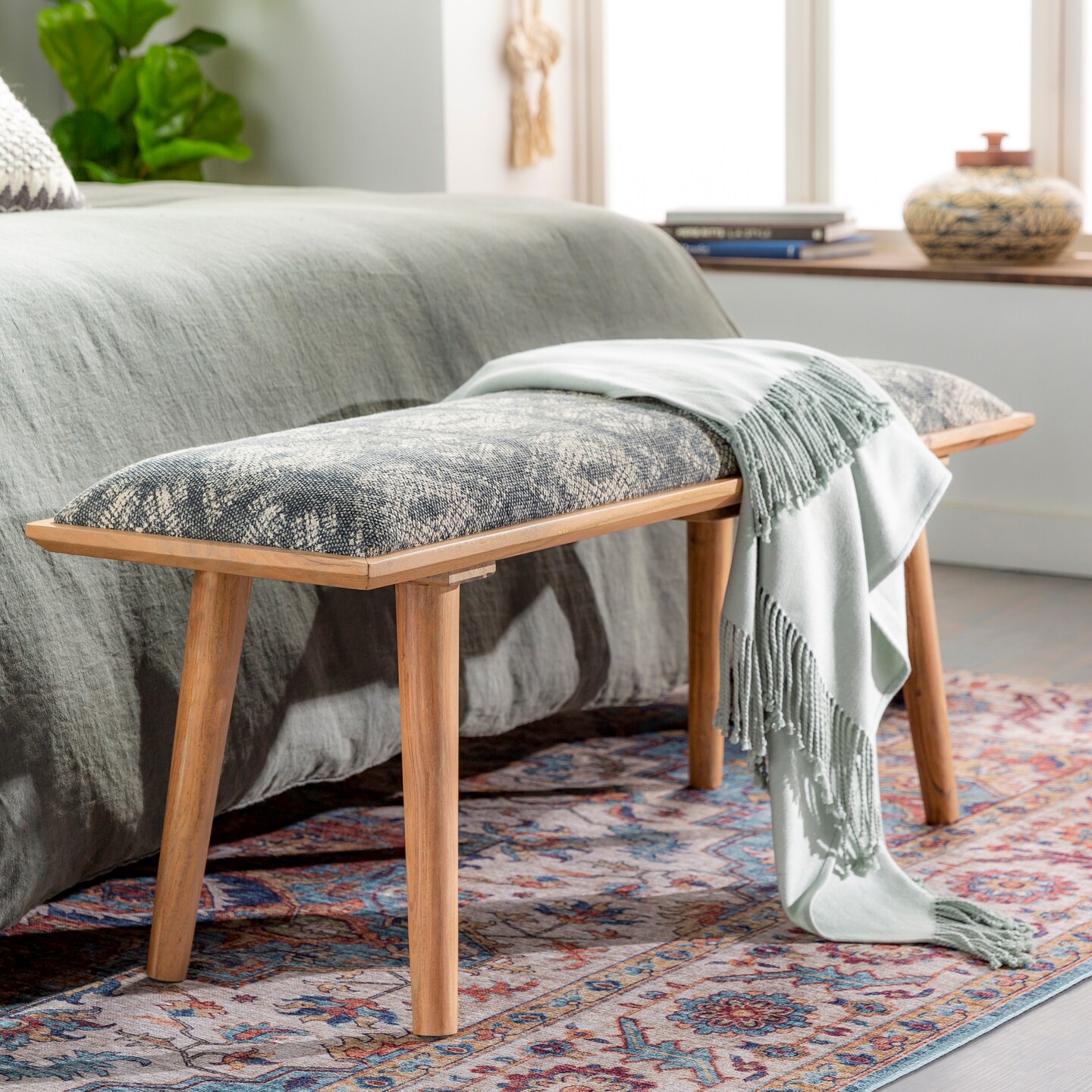 Tiwari Home 45" Tan Brown and Beige Geometric Pattern Upholstered Bench