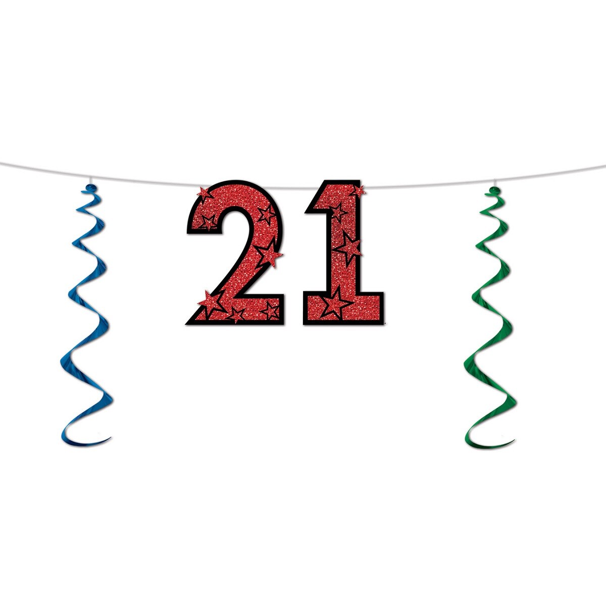 Beistle Club Pack of 12 Red Glittered &#x22;21&#x22; Birthday Decorative Party Streamers 7&#x27;