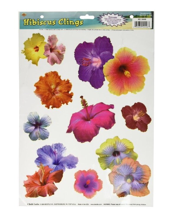 Party Central Club Pack of 108 Yellow and Orange Hibiscus Flower Luau Peel &#x27;N Place Window Clings 17&#x22;