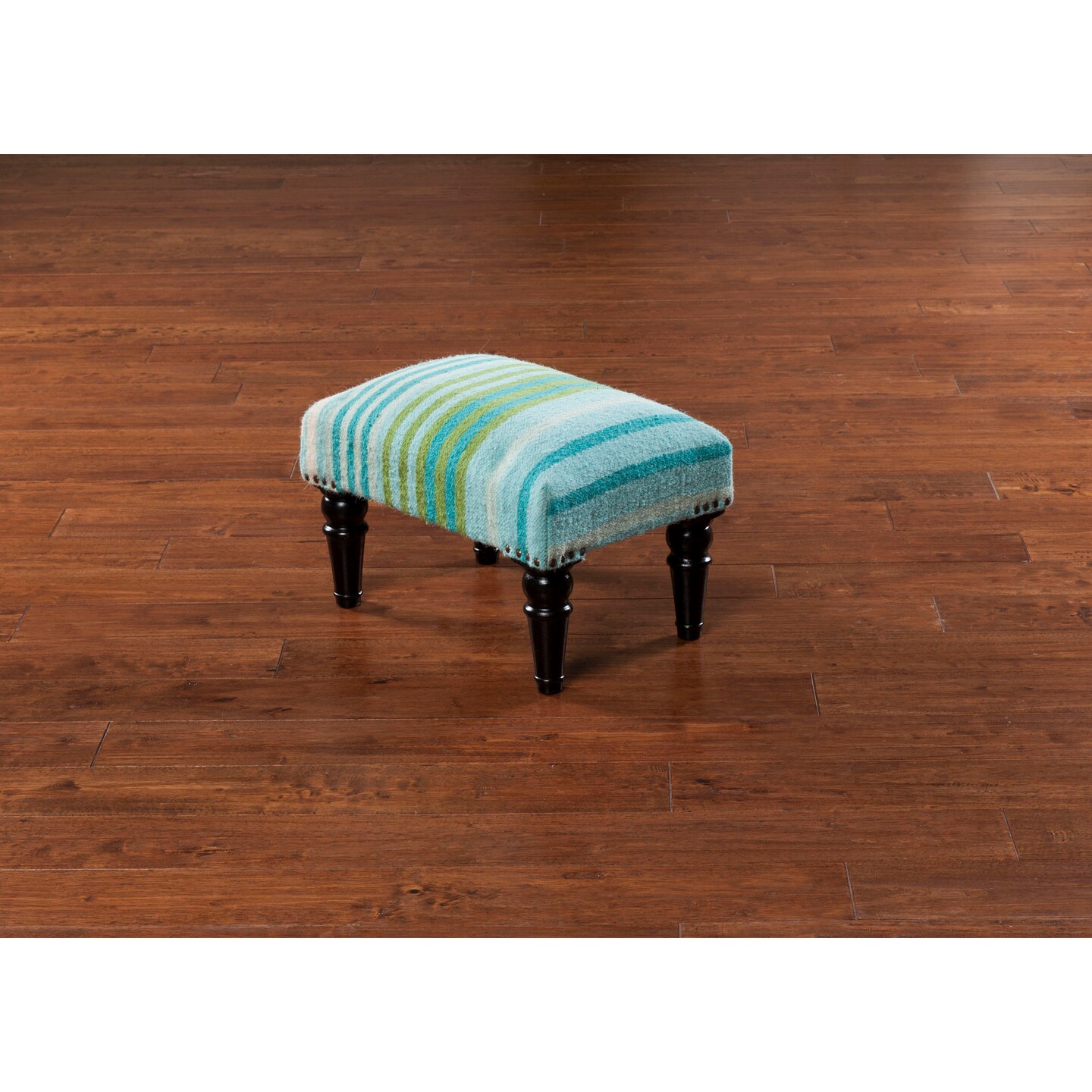 Diva At Home 18&#x22; Blue, Green and Ivory Striped Upholstered Wool and Wooden Foot Stool Ottoman