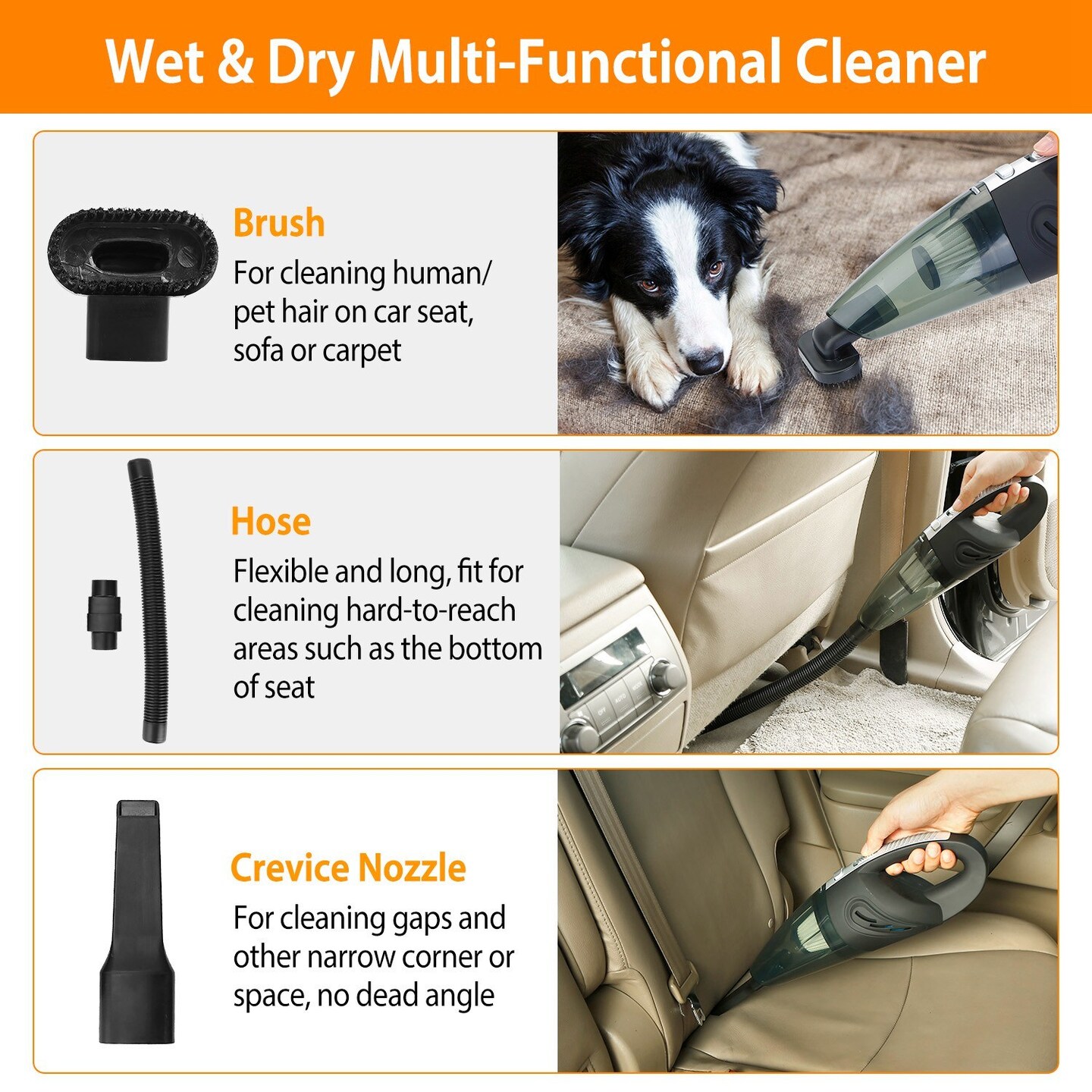 Car Vacuum Cleaner - Cordless Handheld with 4800PA Suction- Wet and Dry Use with 3 Accessories and Filter