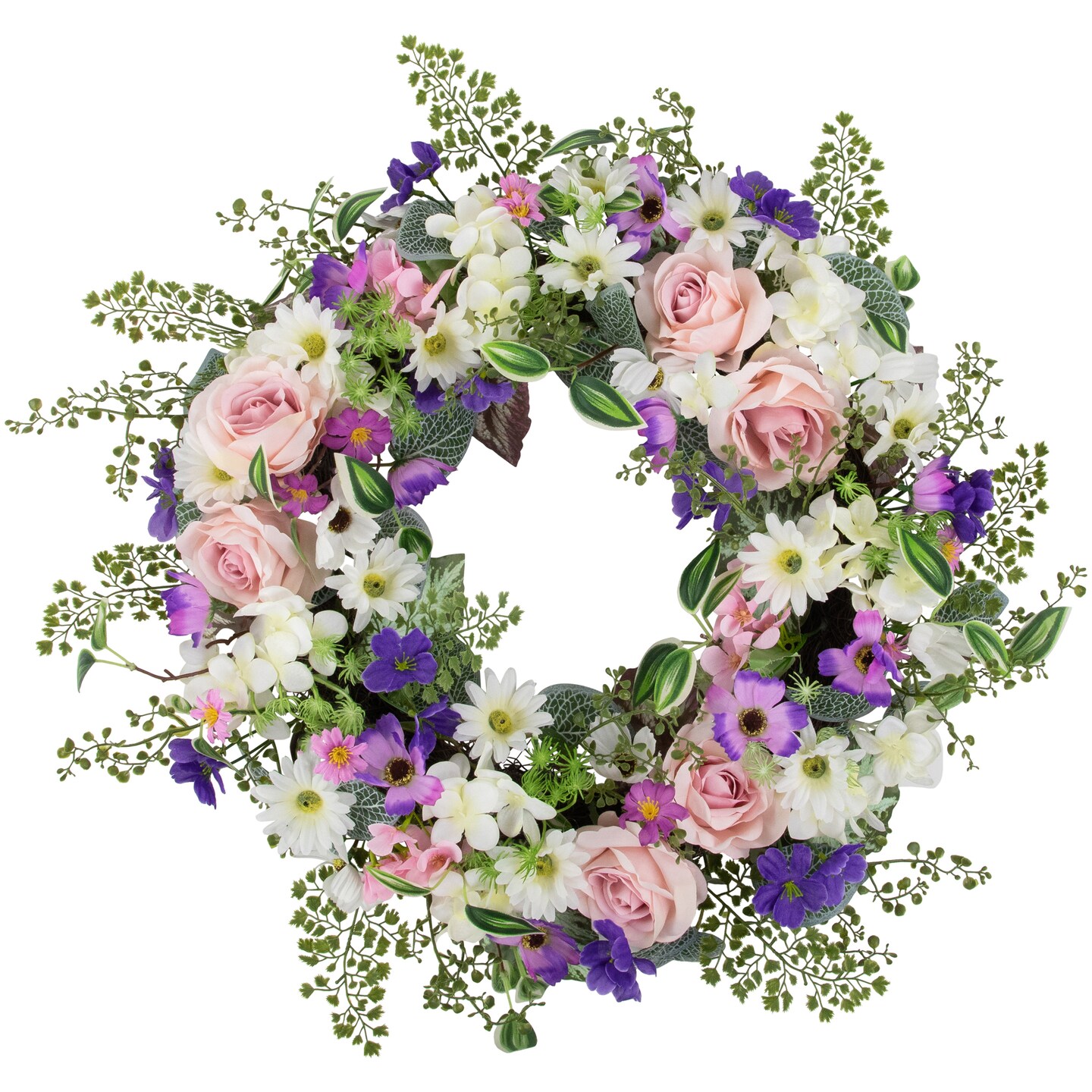 Northlight Mixed Floral and Fern Artificial Spring Wreath, 24-Inch