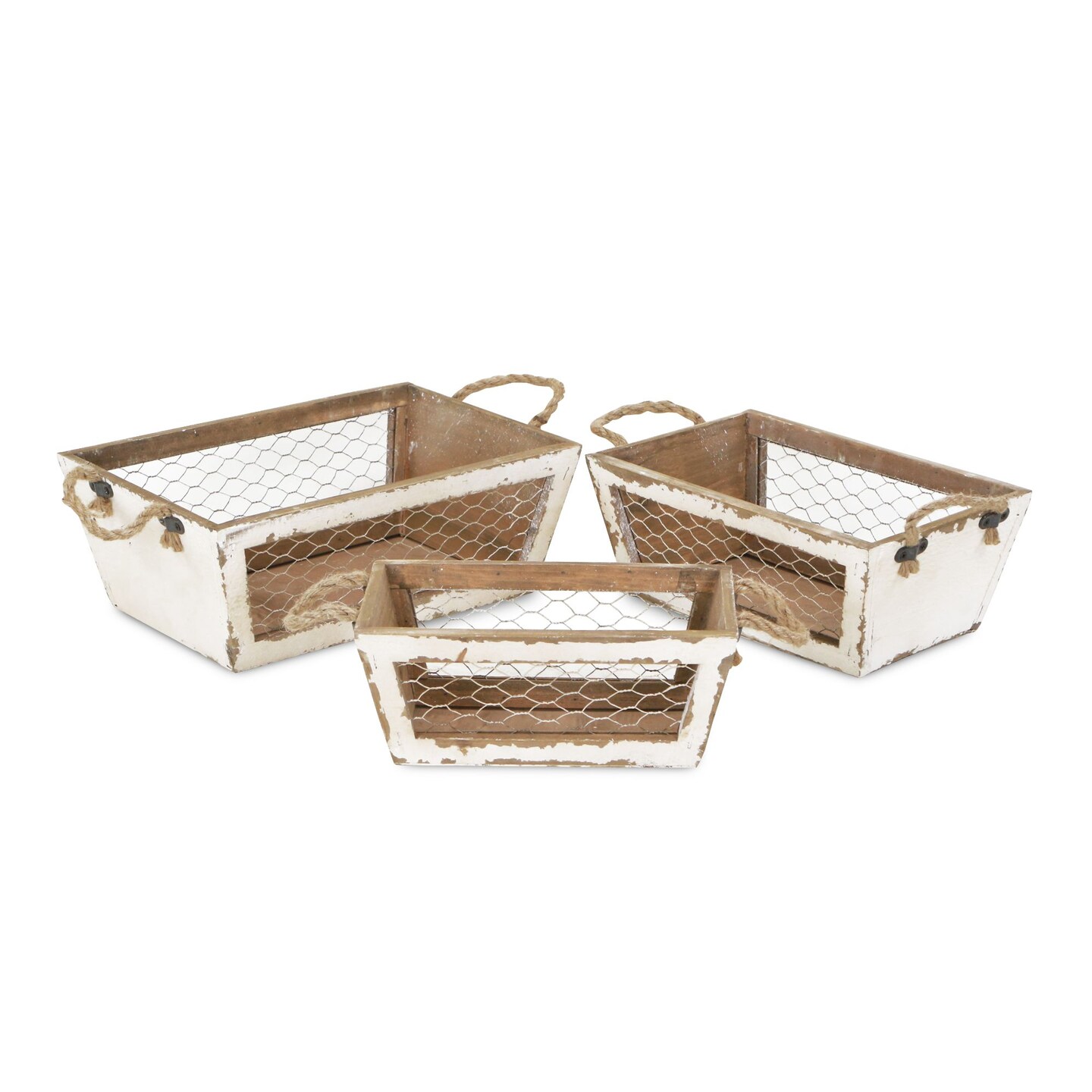 Contemporary Home Living Set of 3 Distressed Taper Storage Baskets with Wire Panels 12.5&#x22;