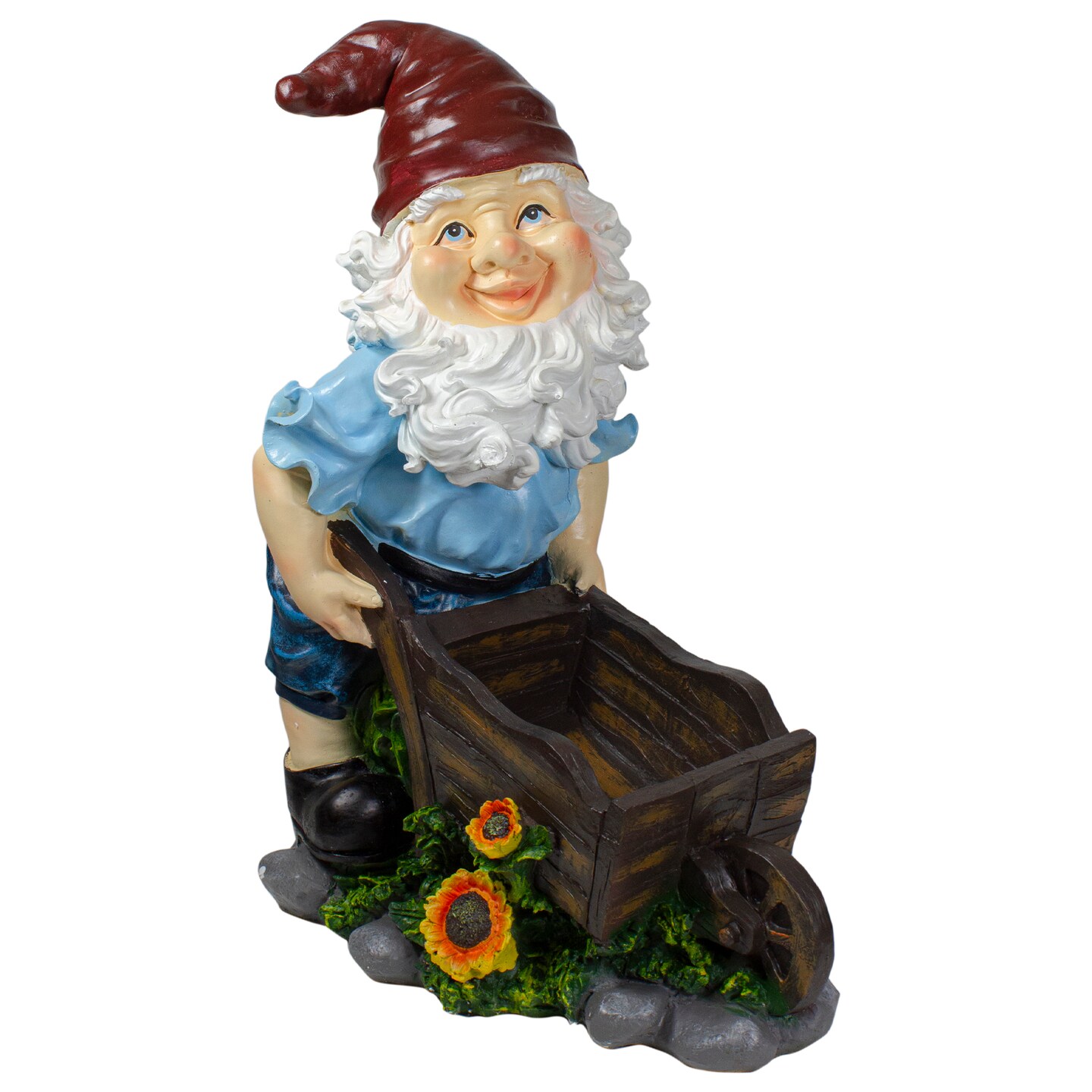 Northlight 20&#x22; Blue and Brown Wheelbarrow Gnome Outdoor Garden Statue