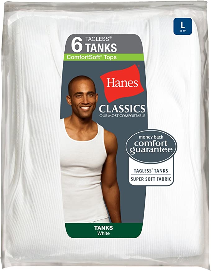 Hanes Men&#x27;s Cotton Tank Undershirts Pack, Moisture-Wicking Ribbed Tanks, lightweight Cotton Tank Undershirts, 6-Pack