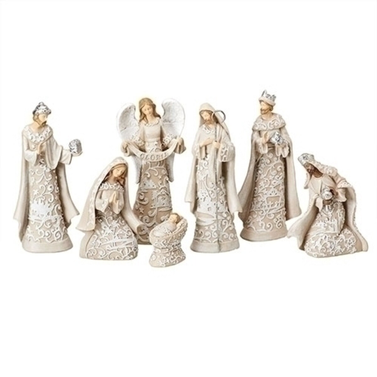 Roman 7 Piece White and Beige Nativity Figurine Set with Angel 7.5&#x22;