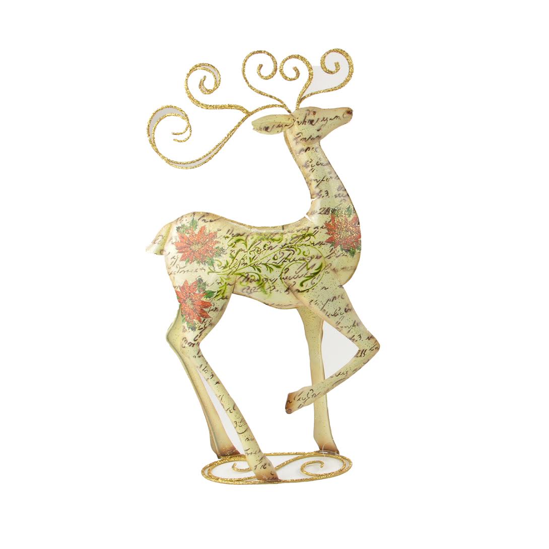 Gallerie II Vintage Postcard Poinsettia Glitter Reindeer Christmas Decoration - 17&#x22;