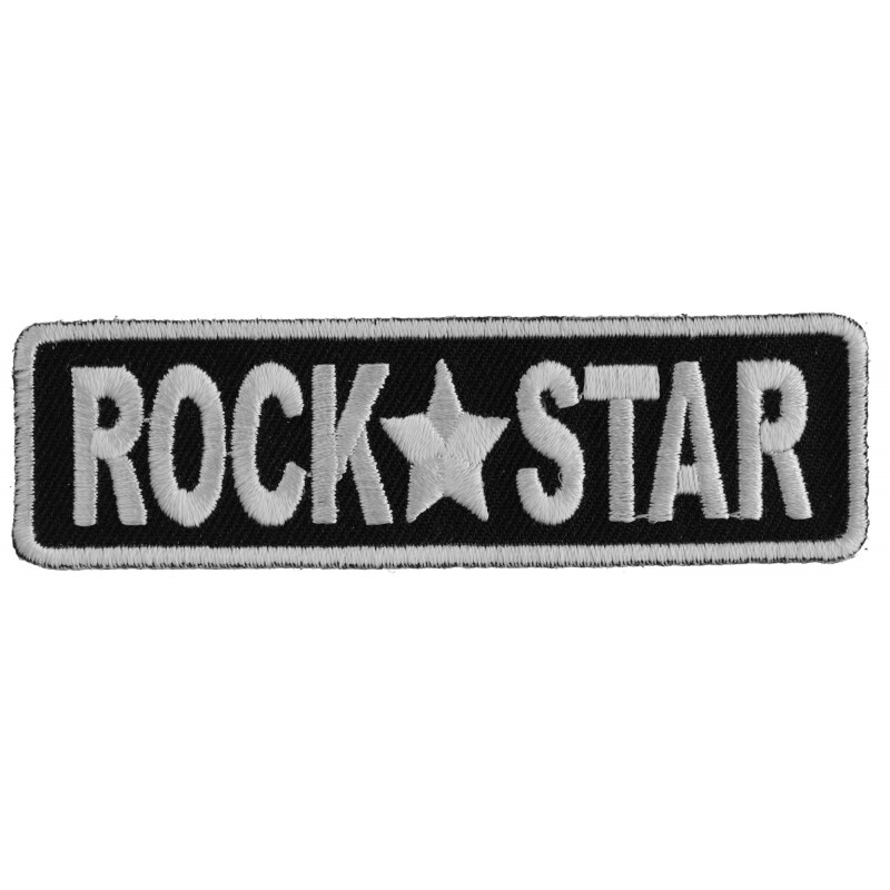 Patch, Embroidered Patch (Iron-On or Sew-On), Rock Star Patch White on Black, 3.5&#x22; x 1&#x22;