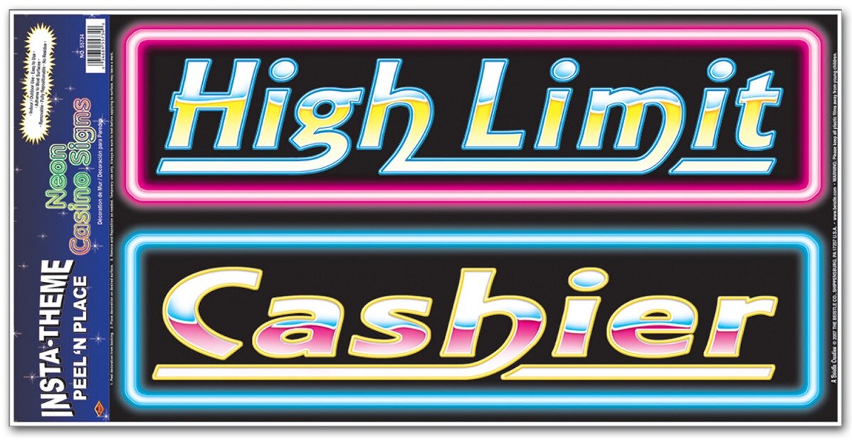 Party Central Pack of 12 Blue High Limit &#x26; Cashier Neon Casino Sign Peel &#x27;N Place Festive Party Accessory Decorations