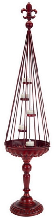 Melrose 37&#x22; French Inspired Fleur-de-Lis Finial Red Cage Antique Tea Light Candle Holder