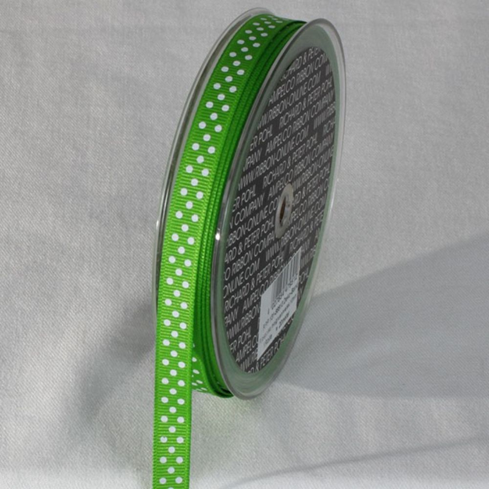 The Ribbon People Green and White Polka Dots Patterned Grosgrain Ribbon 0.3" x 22 Yards