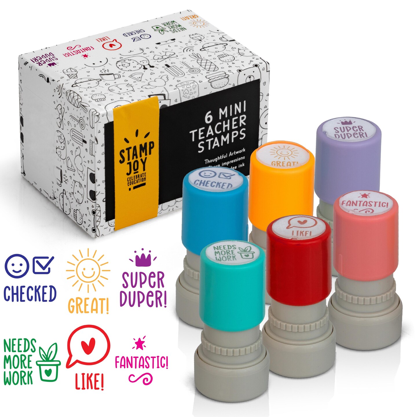 Stamp Joy - Set of 6 Self-Ink Flash Stamp Set, Multicolor Teacher Stamps,  Pre-Inked (Motivation Set)