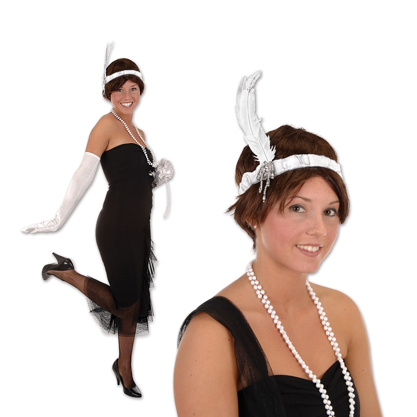Beistle Club Pack of 12 White Satin Flapper Headbands with White Feathers and Silver Beads