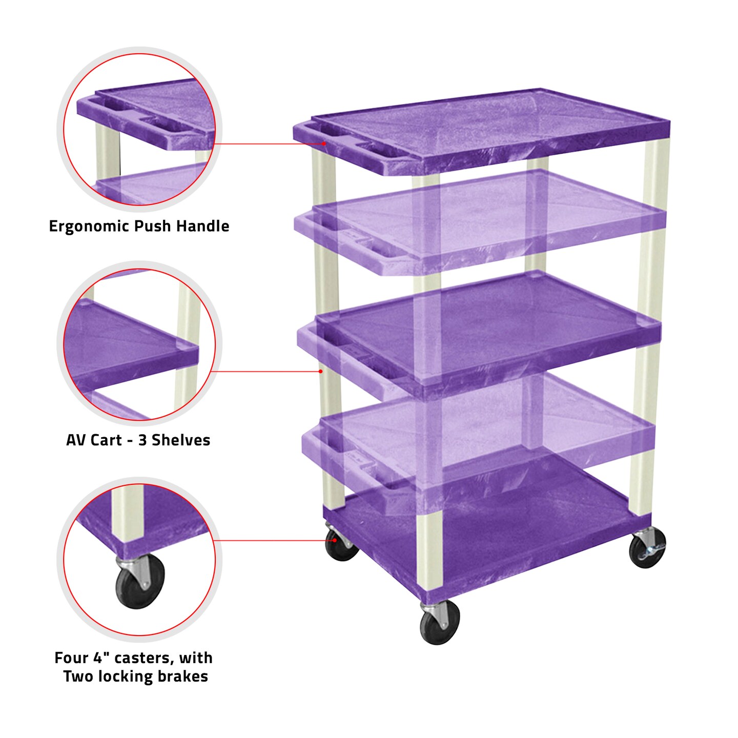 Luxor Office Multipurpose A/V Utility Cart with 3 Shelves - Purple and Black Legs