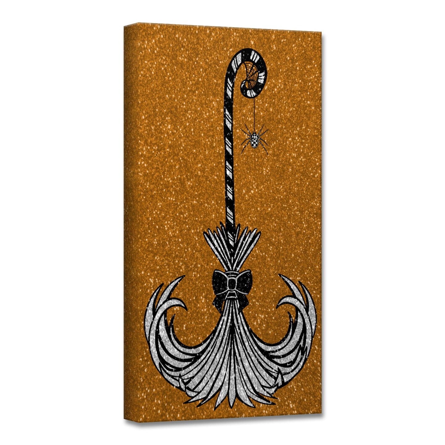 Crafted Creations Black and Gray Glam Broomstick I Canvas Halloween Wall Art Decor 16&#x22; x 8&#x22;
