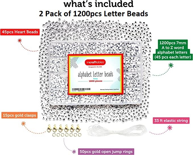 2 PACK - Incraftables 1200pcs Round Letter Beads for Jewelry Making (7mm). A-Z Letters Black Alphabet for DIY Friendship Bracelets & Crafts. ABC Circle & Heart Bead w/ Elastic String, Clasps & Organizer