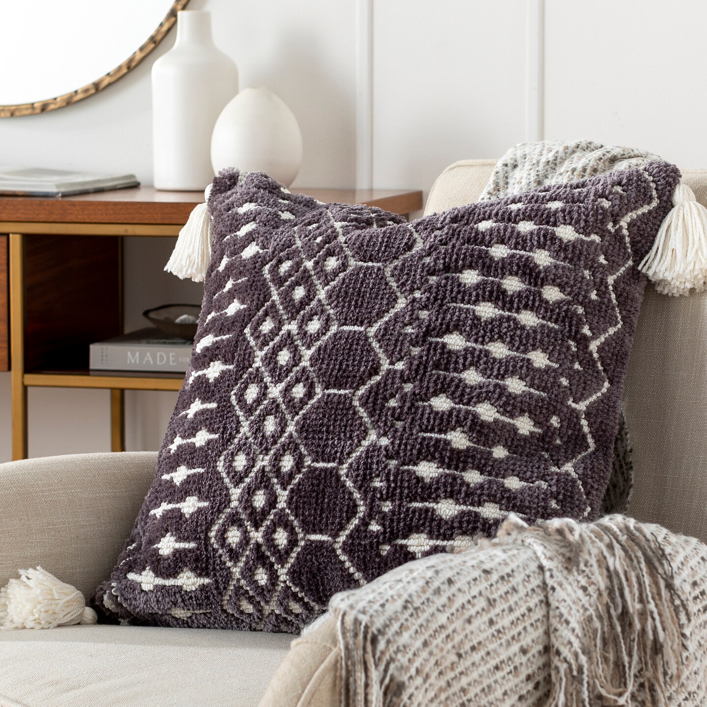 Tiwari Home 18" Gray and Cream Geometric Pattern Hand Knitted Square Throw Pillow