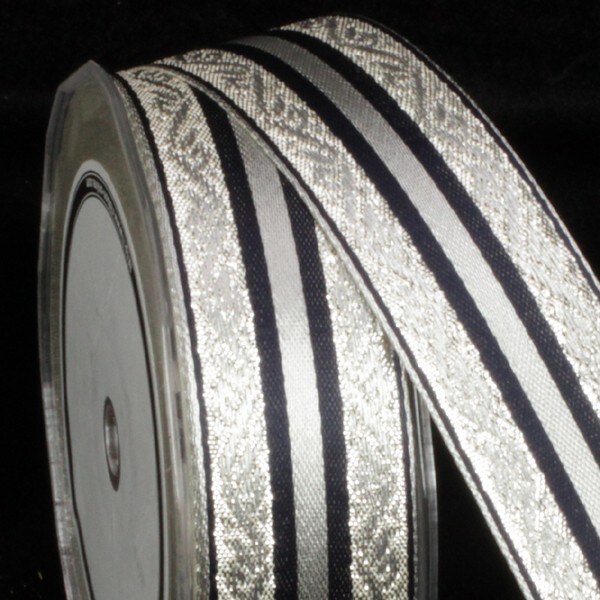 The Ribbon People Metallic Silver and Navy Blue Woven Striped Wired Craft Ribbon 1.25&#x22; x 27 Yards