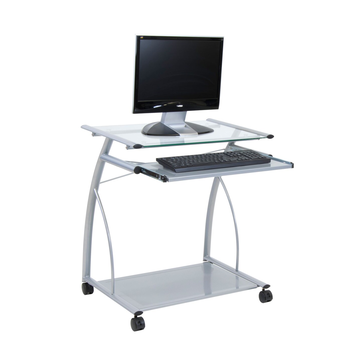L Cart Compact Computer Cart with Storage and Keyboard Shelf - Silver / Clear Glass