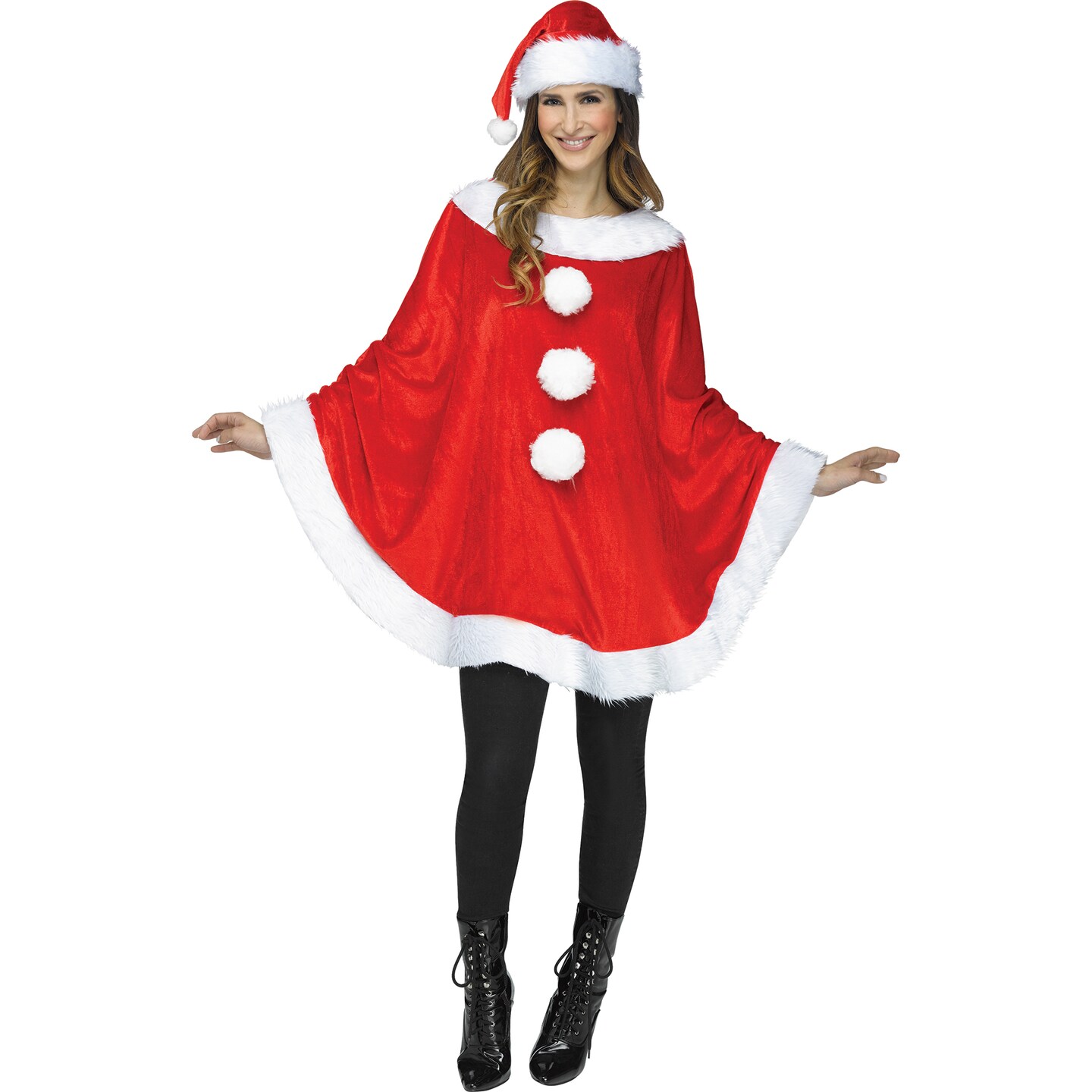 Fun World 48&#x22; Red and White Plush Poncho with Santa Hat Women Adult Christmas Costume - One Size