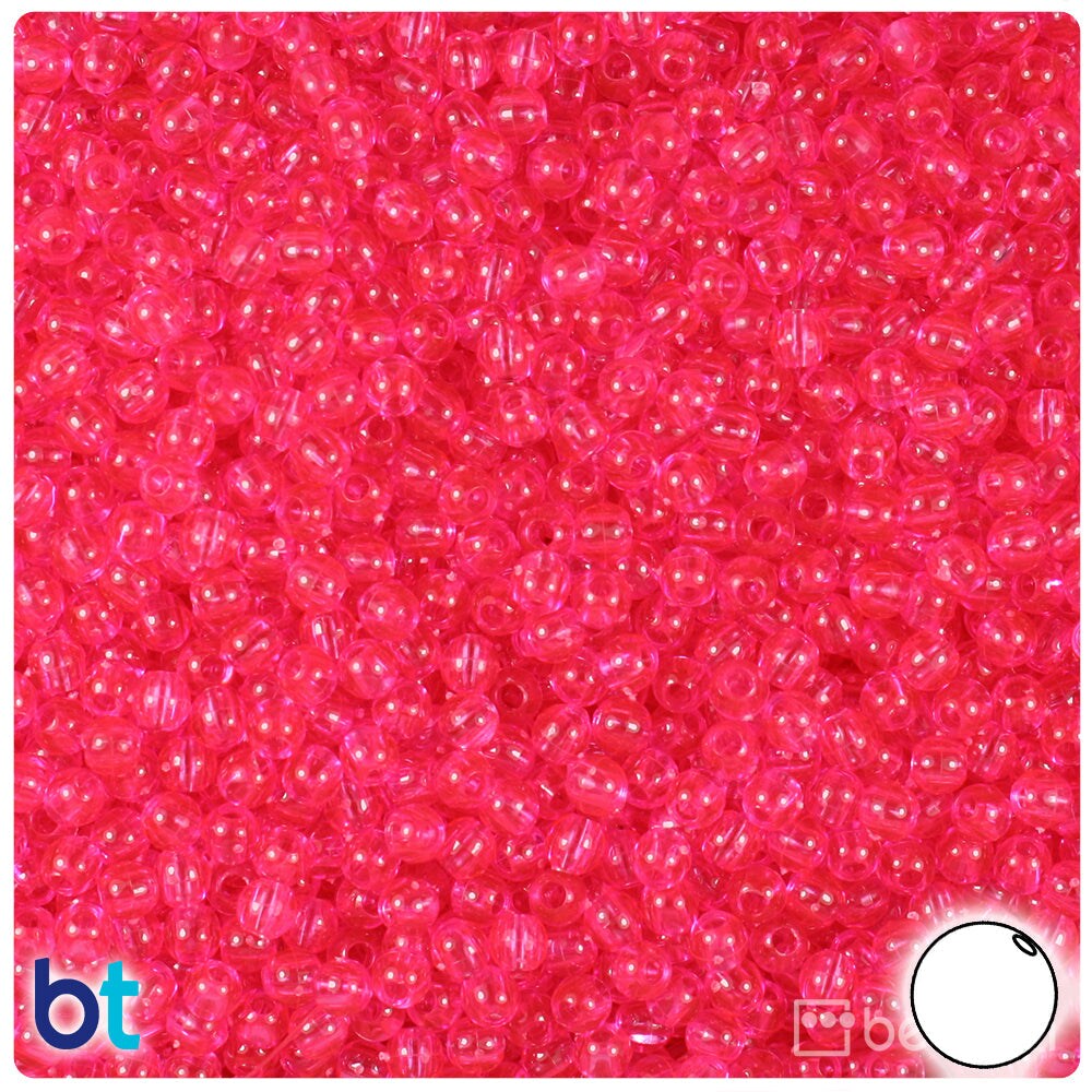 BeadTin Hot Pink Transparent 4mm Round Plastic Craft Beads (1000pcs)