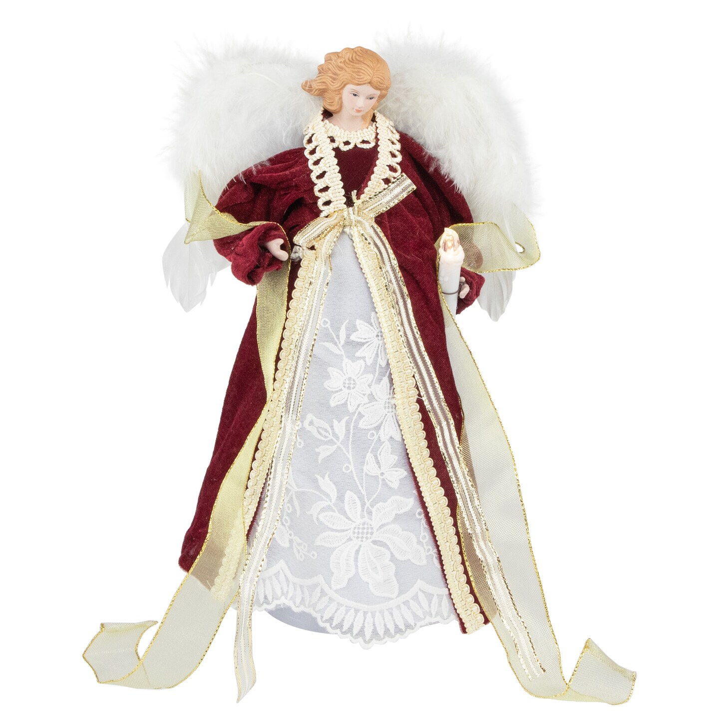 Northlight Angel with Lighted Candle Christmas Tree Topper - 14" - Burgundy and White