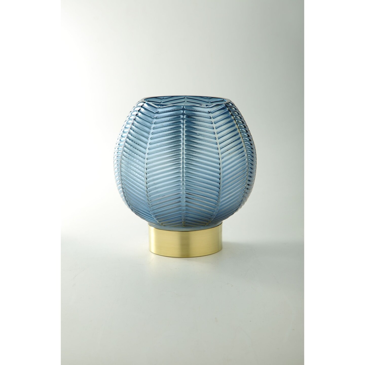 CC Home Furnishings 9.5" Blue and Gold Leaf Pattern Glass Bowl Vase