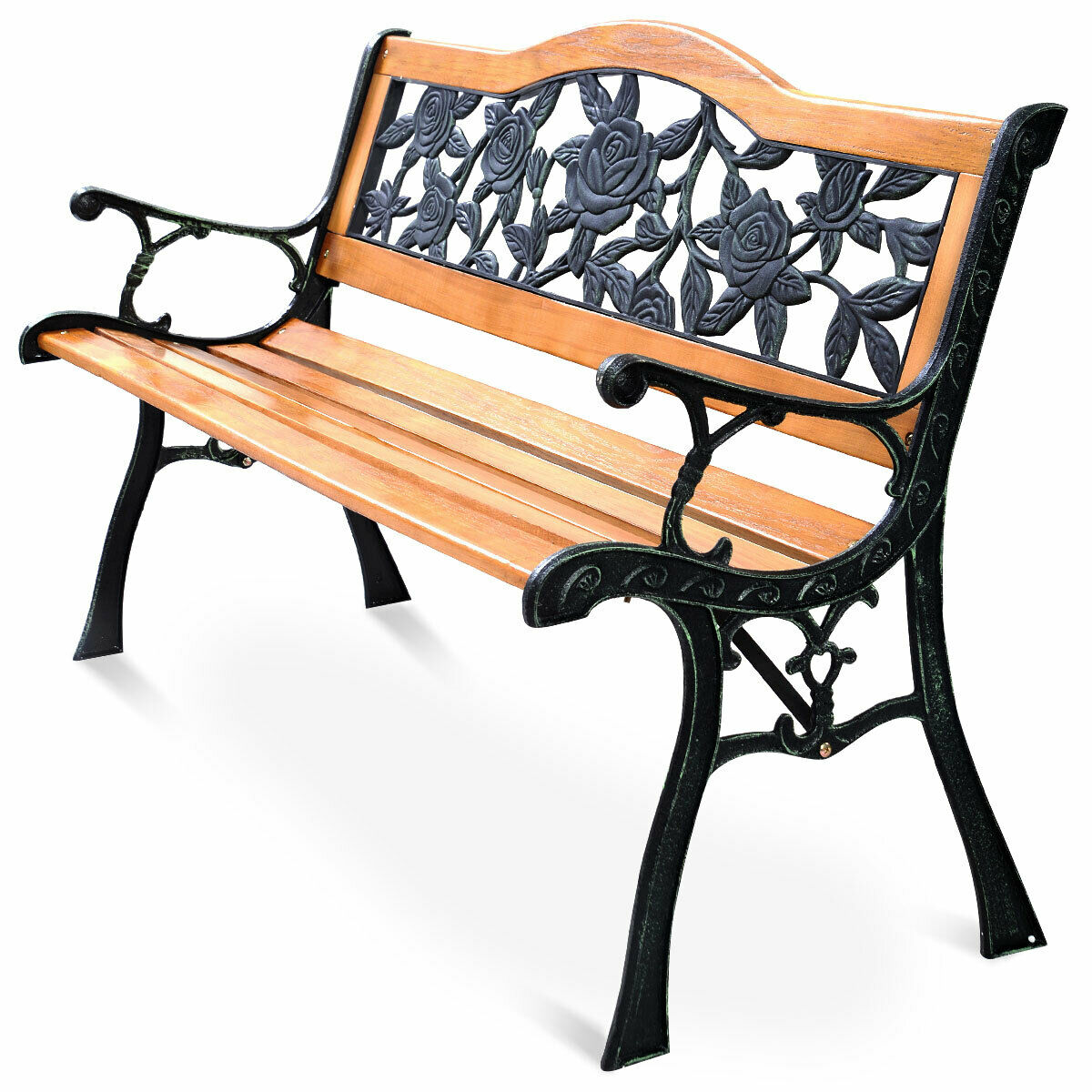 Costway Patio Park Garden Metal Bench Porch Path Chair Furniture Cast Iron Hardwood
