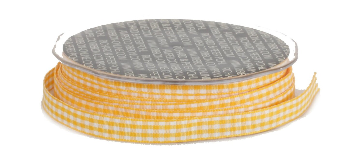 The Ribbon People Sunshine Yellow and White Checkered Woven Edge Craft Ribbon 0.37" x 74 Yards
