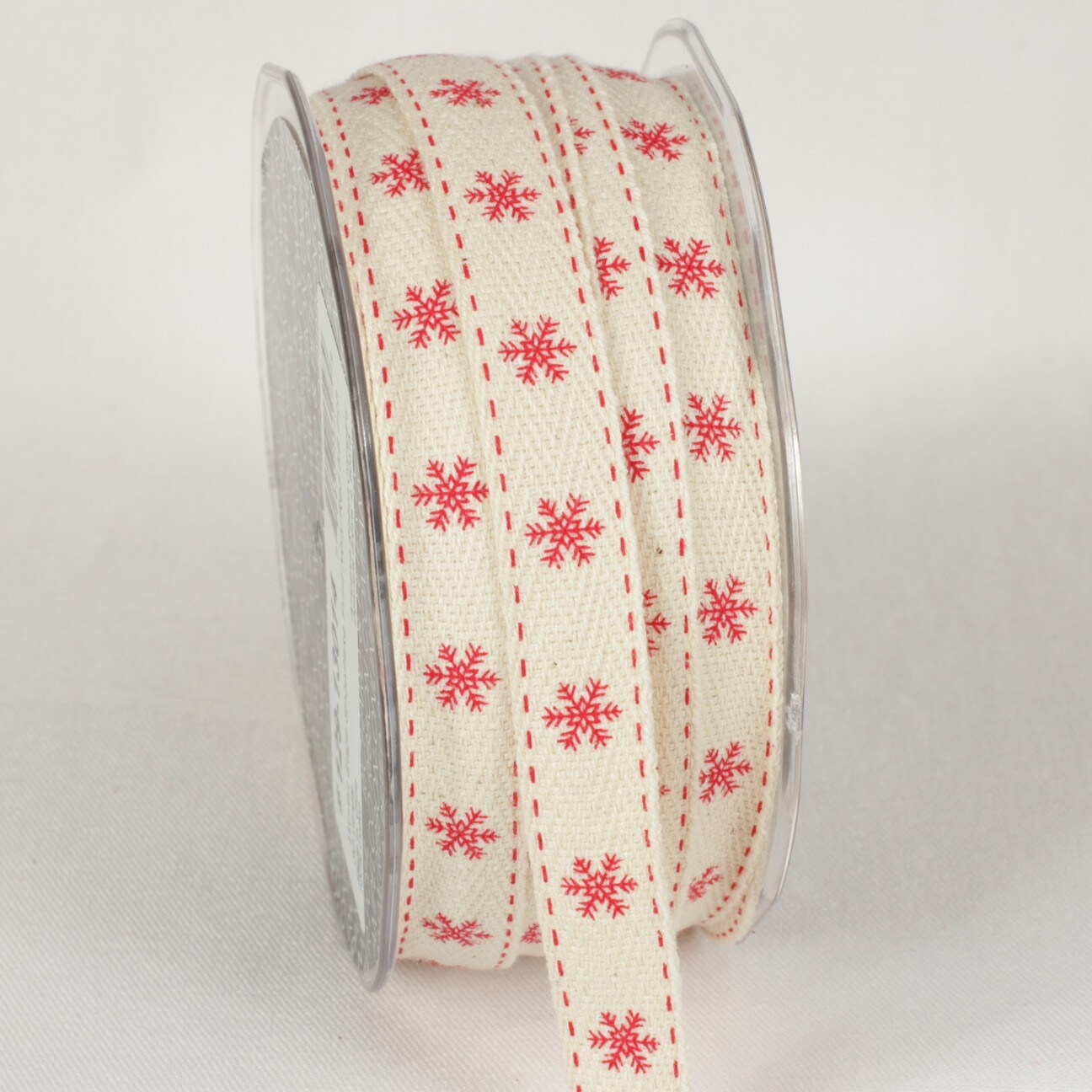 The Ribbon People Ivory and Red Snowflake Printed Woven Edge Craft Ribbon 0.62" x 60 Yards