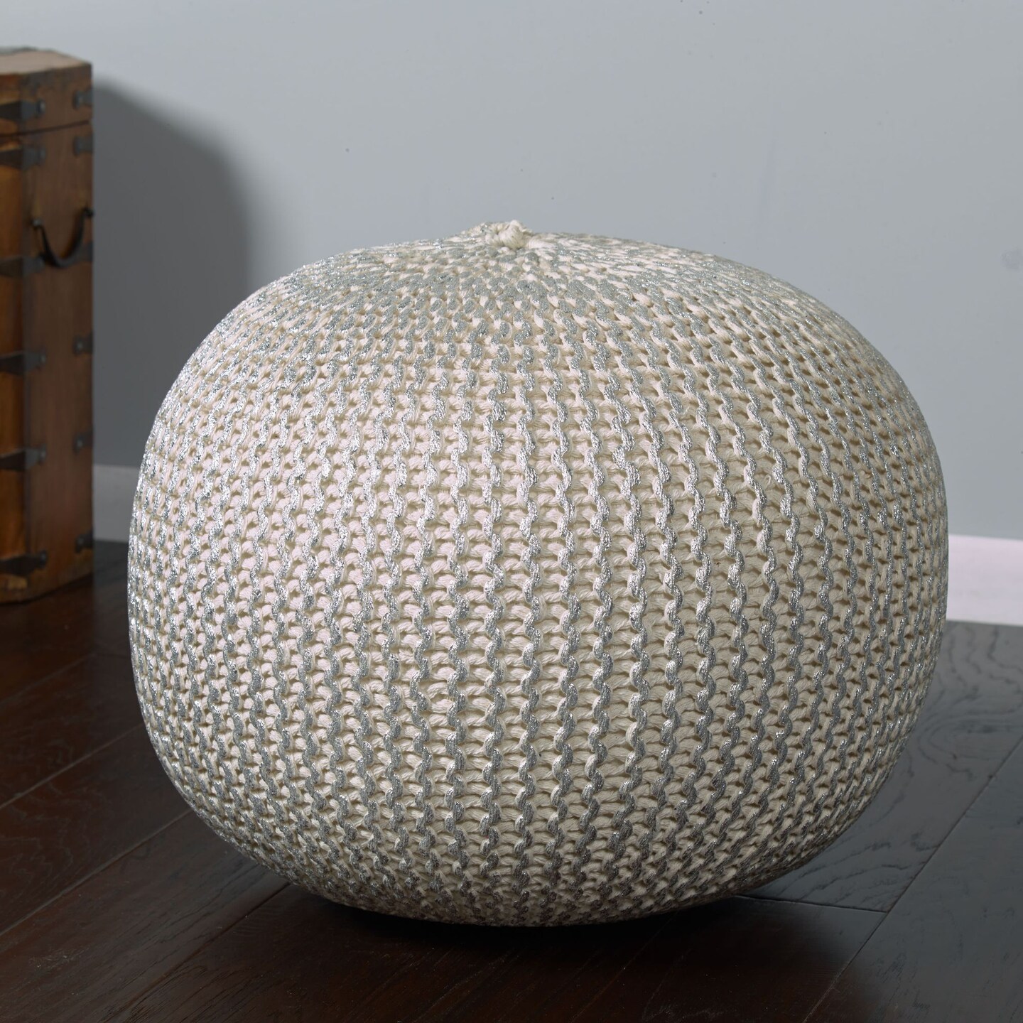 Laddha Home Designs 20&#x22; Silver and Ivory Hand Knitted Round Pouf Ottoman
