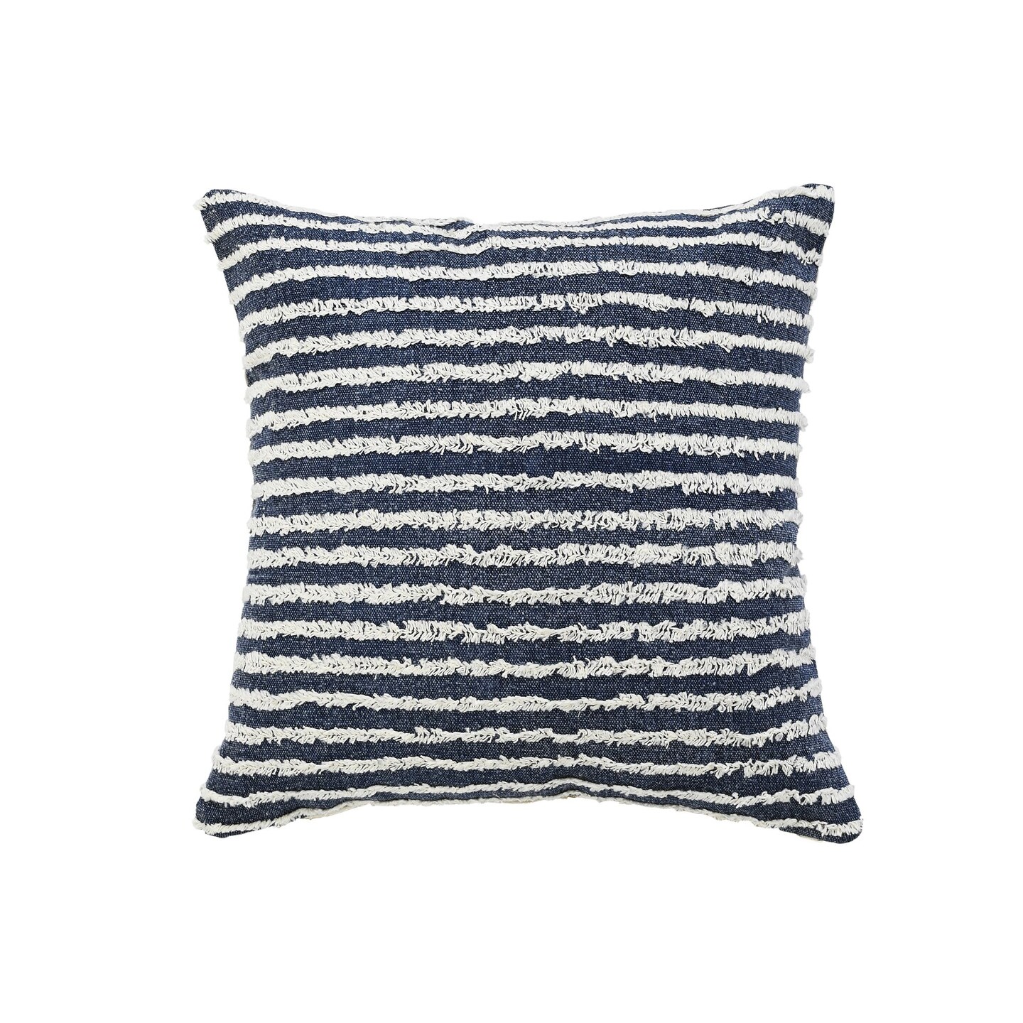 Laddha Home Designs 20" Blue and White Tufted Horizontal Stripes Square Throw Pillow