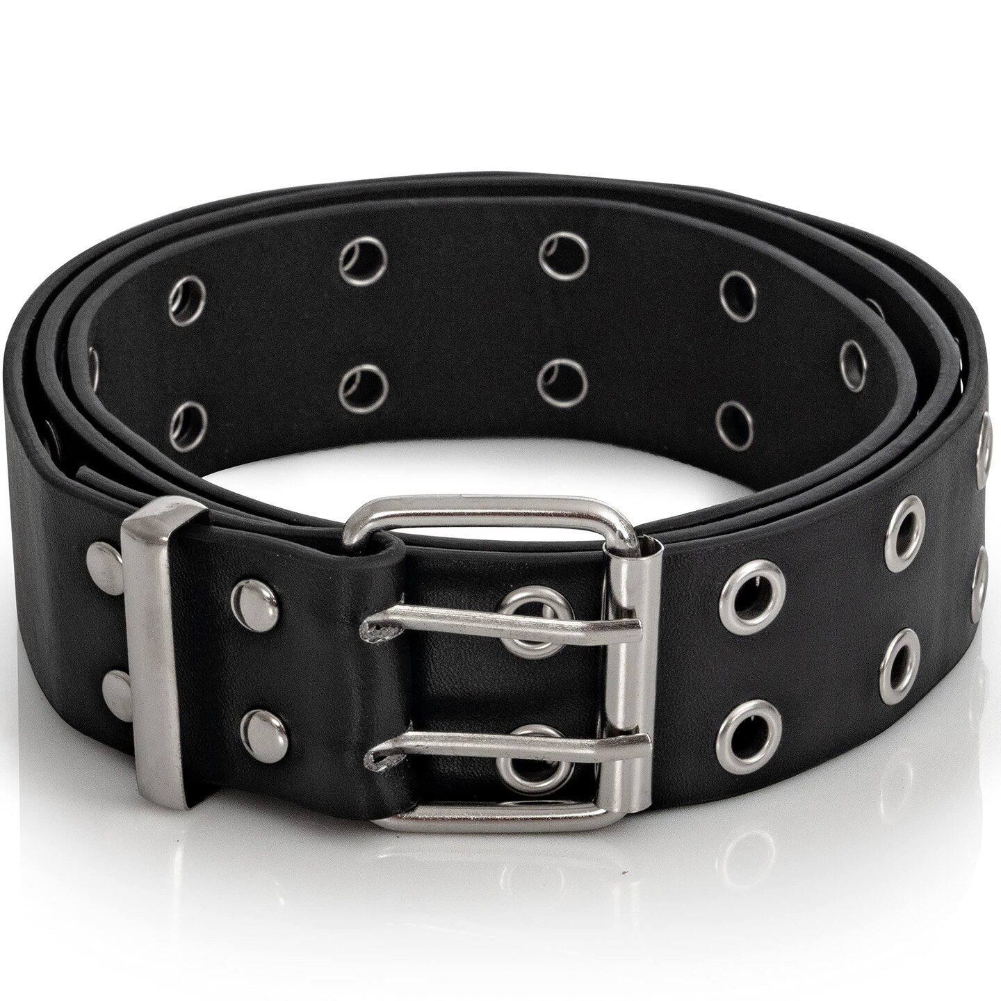 Double Grommet Punk Belt - Black Faux Leather 2 Prong and Holes Aesthetic Grunge Belts for Men Women and Kids Size Small