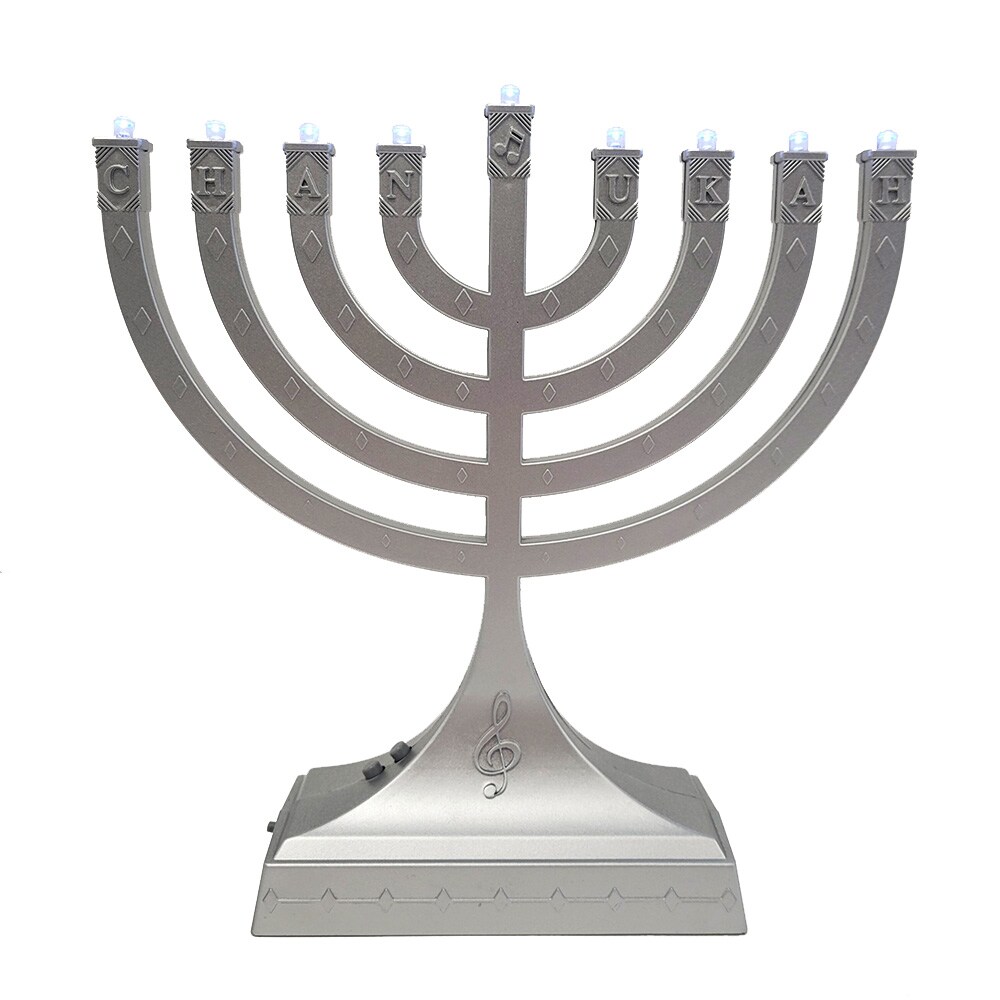 Rite Lite 7.25&#x22; LED Lighted Silver Metallic Dancing Lights Musical Hanukkah Menorah
