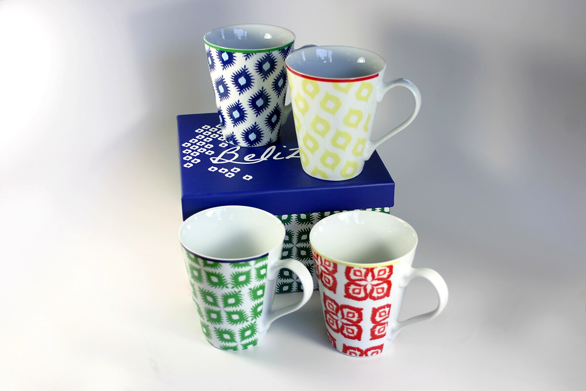 Paperproducts Design Set of 4 Colorful Belize Porcelain Coffee Mugs with Gift Box - 14 ounces