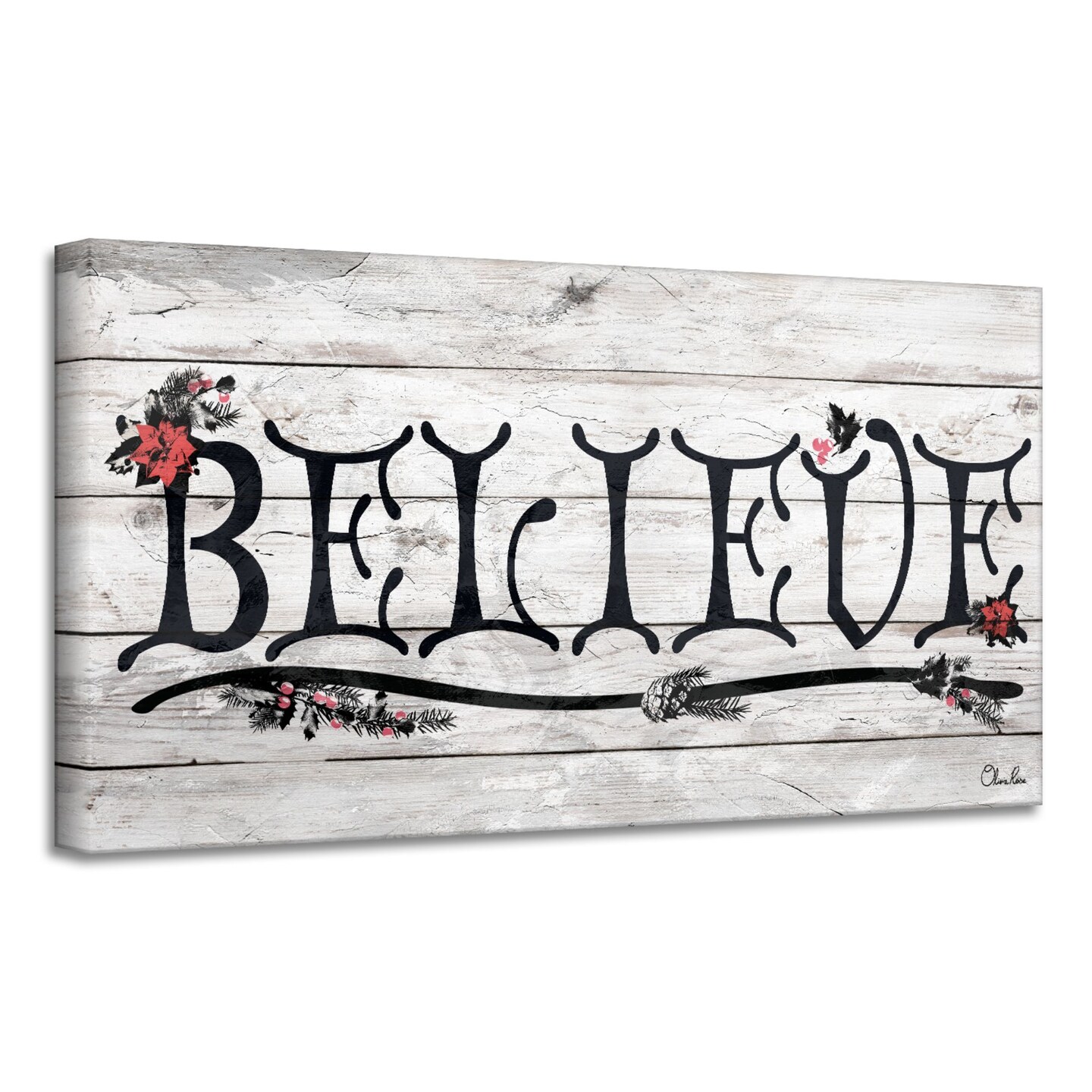 Crafted Creations White and Black &#x27;BELIEVE&#x27; III Christmas Canvas Wall Art Decor 18&#x22; x 36&#x22;