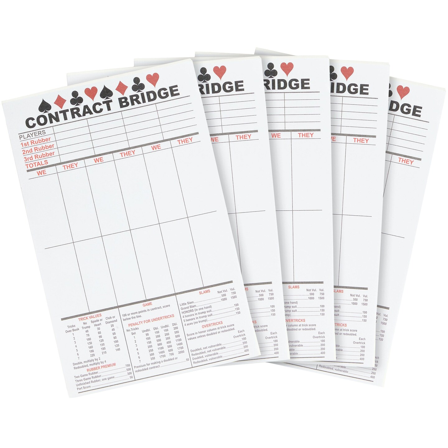 250 Sheets Contract Bridge Score Pads and Tallies, Game Scoring Cards Supplies, Large Print with Trick Values (5 Notepads)