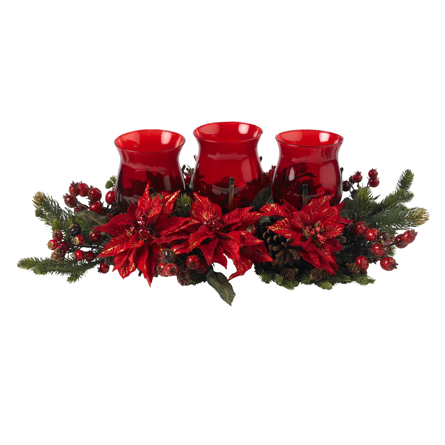 Nearly Natural 30" Poinsettias and Pine with Berries Triple Christmas