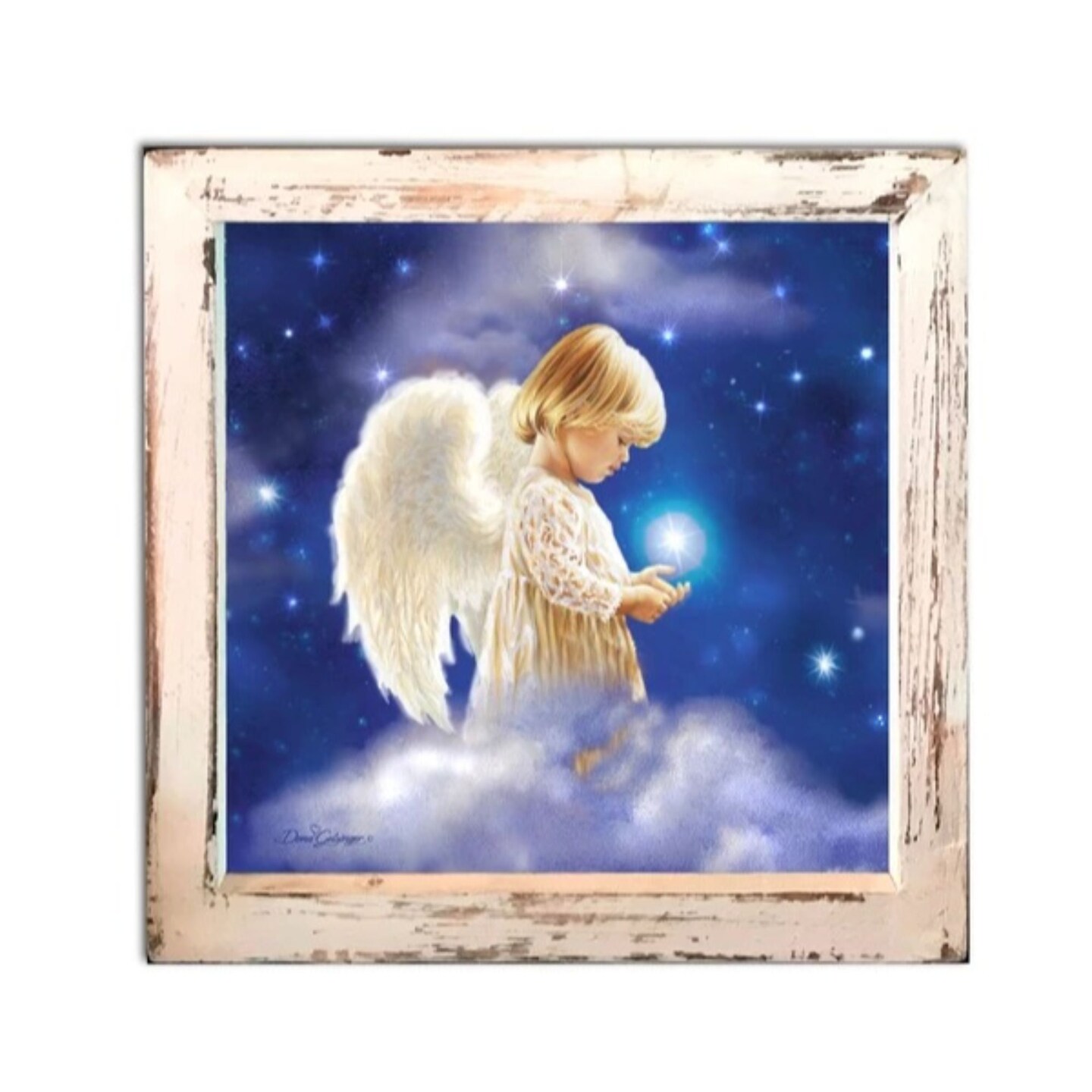 Glow Decor 8&#x22; White and Blue LED Lighted Angel Star Christmas Square Shadow Box Decoration