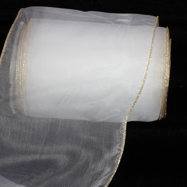 The Ribbon People Sheer Snow White and Gold Wired Craft Ribbon 6&#x22; x 27 Yards