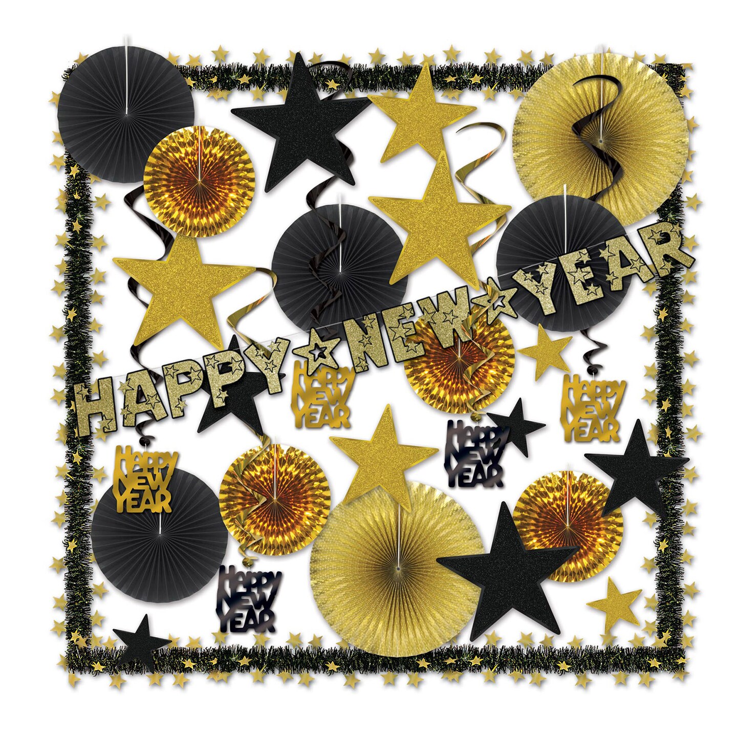 Beistle 32 Piece Gold and Black Gleaming &#x22;Happy New Year&#x22;  DecorativeDecorating Kit