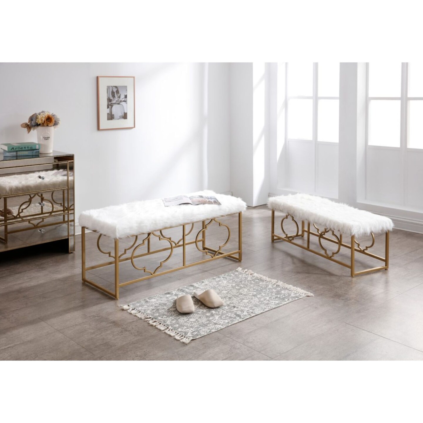 Contemporary Home Living Set of 2 White and Gold Upholstered Rectangular Ottomans 43.25&#x22;