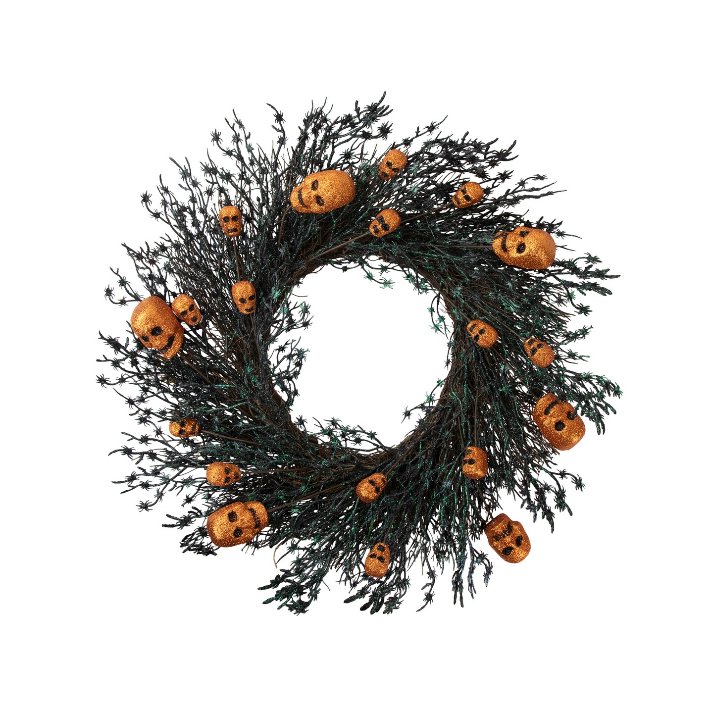 Northlight Black and Orange Skulls and Spiders Halloween Twig Wreath, 22-Inch, Unlit