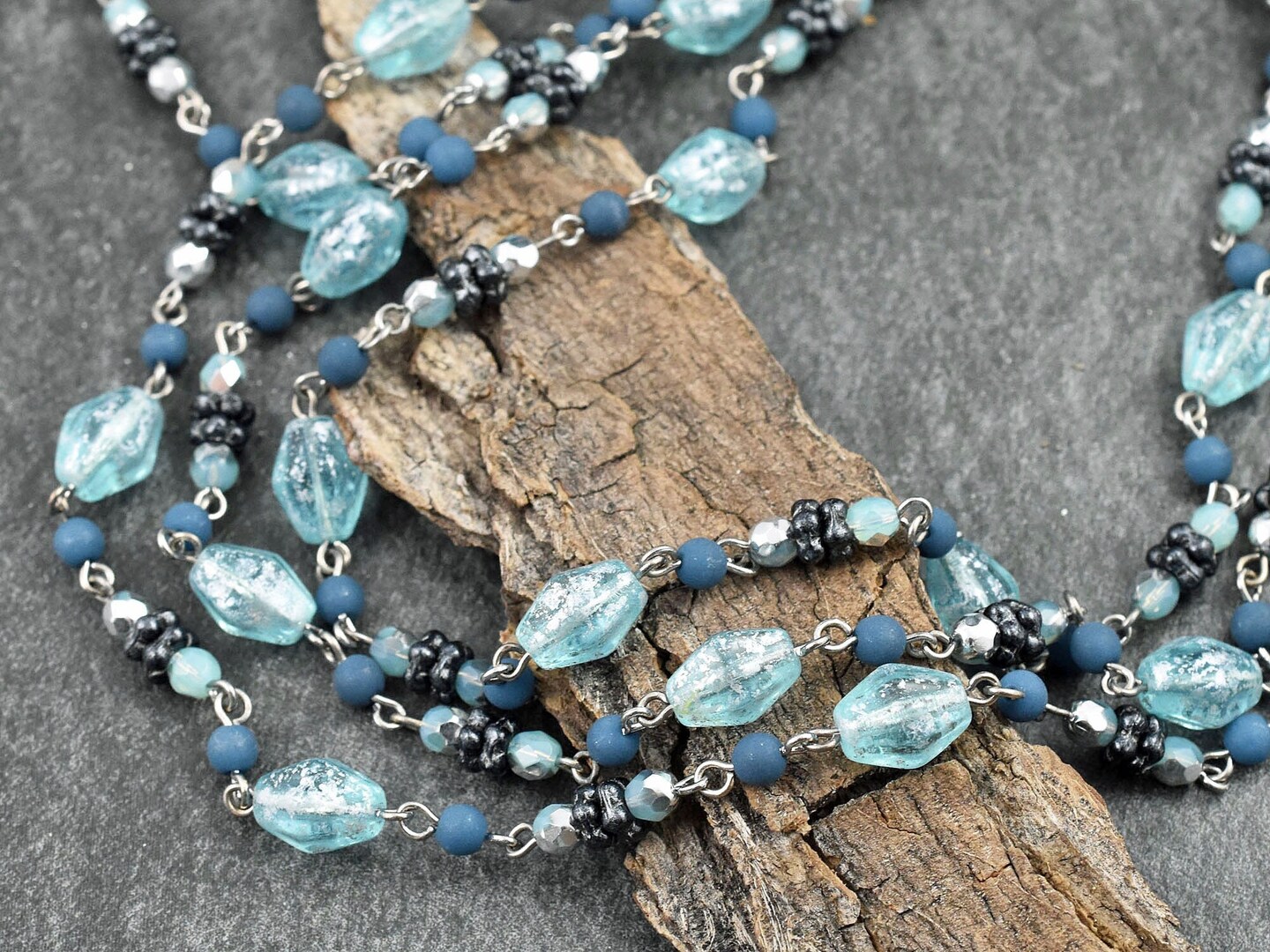 Czech Glass Aqua Blue Bicone Chain w/Silver -- Sold by the foot