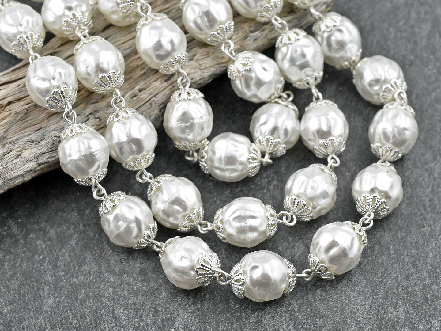 10mm Czech Glass White Baroque Pearl Chain w/ Bright Silver