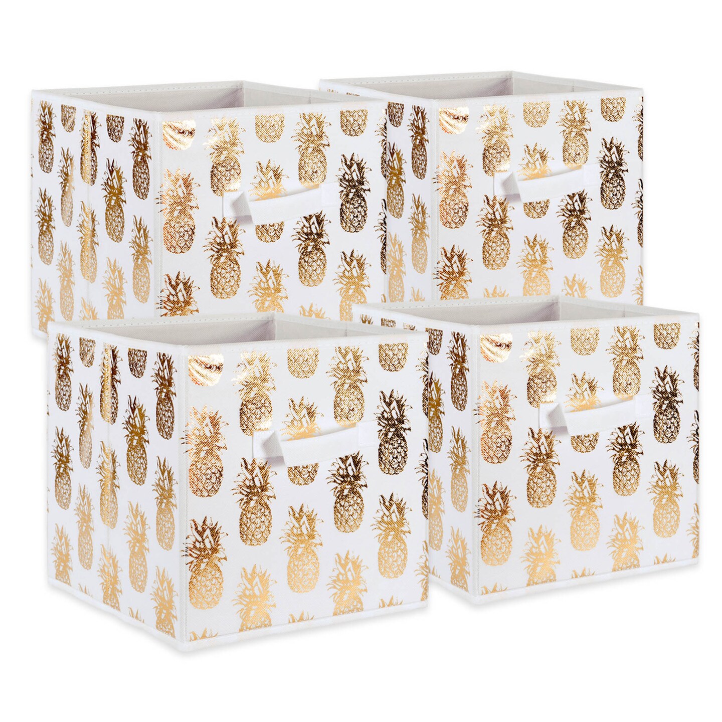 Contemporary Home Living Set of 4 White and Gold Pineapple Cube Storage Bins 11&#x22;
